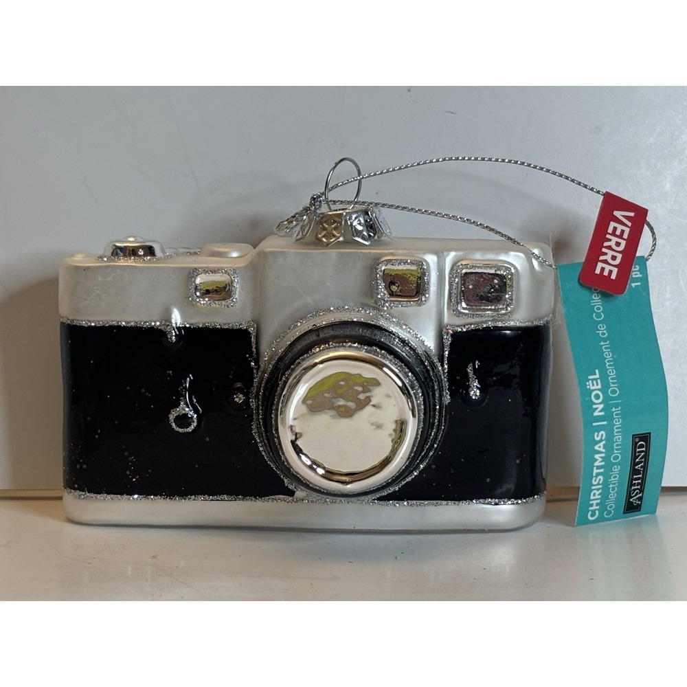 Ashland Camera Glass Ornament Glass Black SIlver Christmas w/org tags